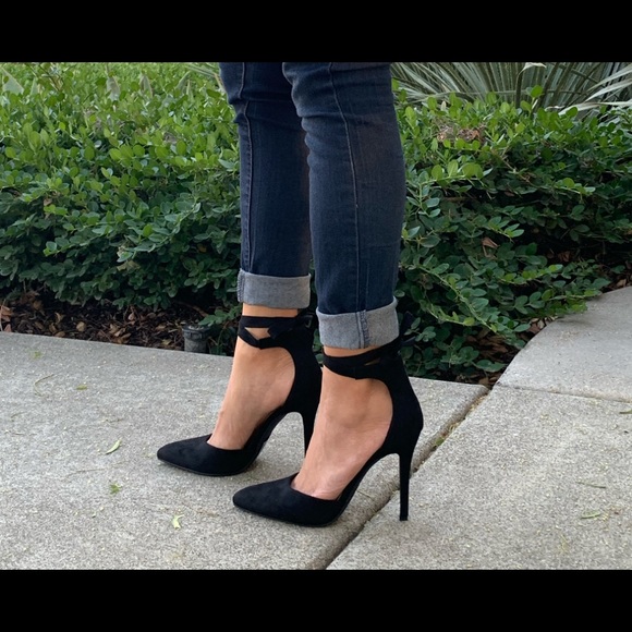 SIZE 6.5 and 7.5 Black Faux Suede Pointy Toe Ankle Tie Stiletto Hee - Picture 7 of 7